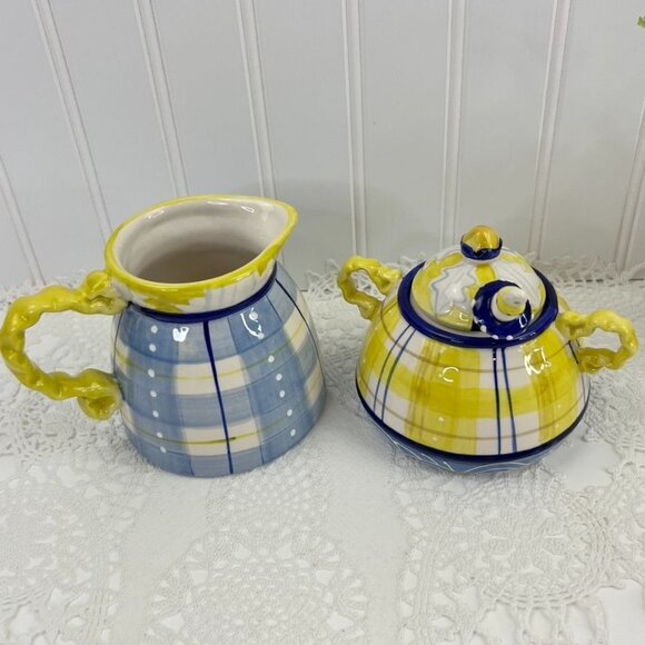 Blue Sky Sugar Bowl & Creamer Set With Spoon By Heather Goldminc Country Ceramic - Picture 6 of 16